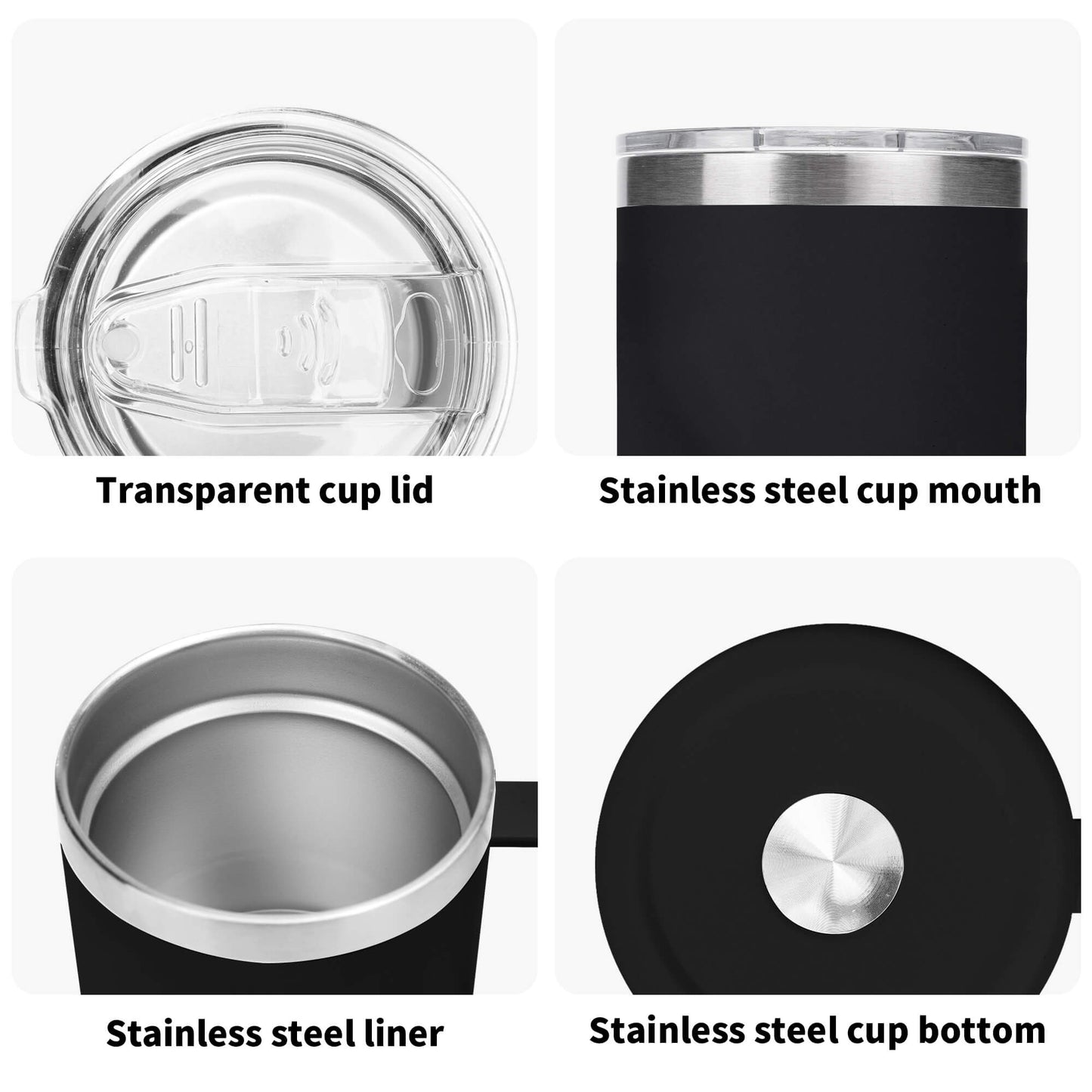 Black insulated cup with transparent lid, stainless steel mouth, liner, and bottom on a white background.