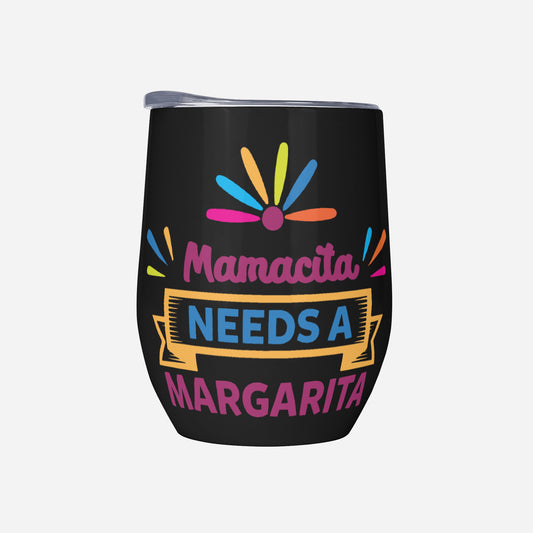 A black travel mug with colorful text and graphics that reads 'Mamacita Needs A Margarita'.