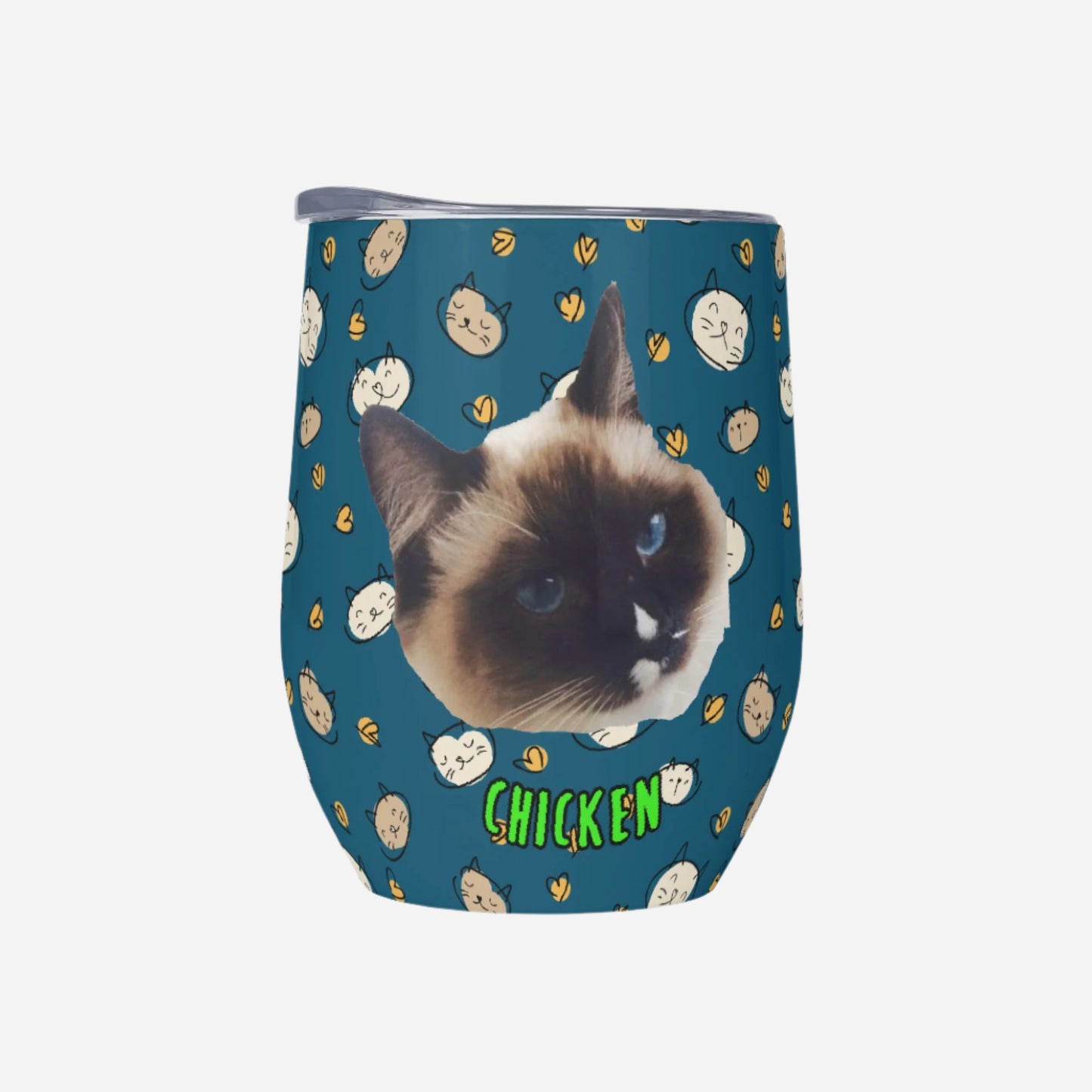 Tumbler with a cat design and 'CHICKEN' text on a blue background