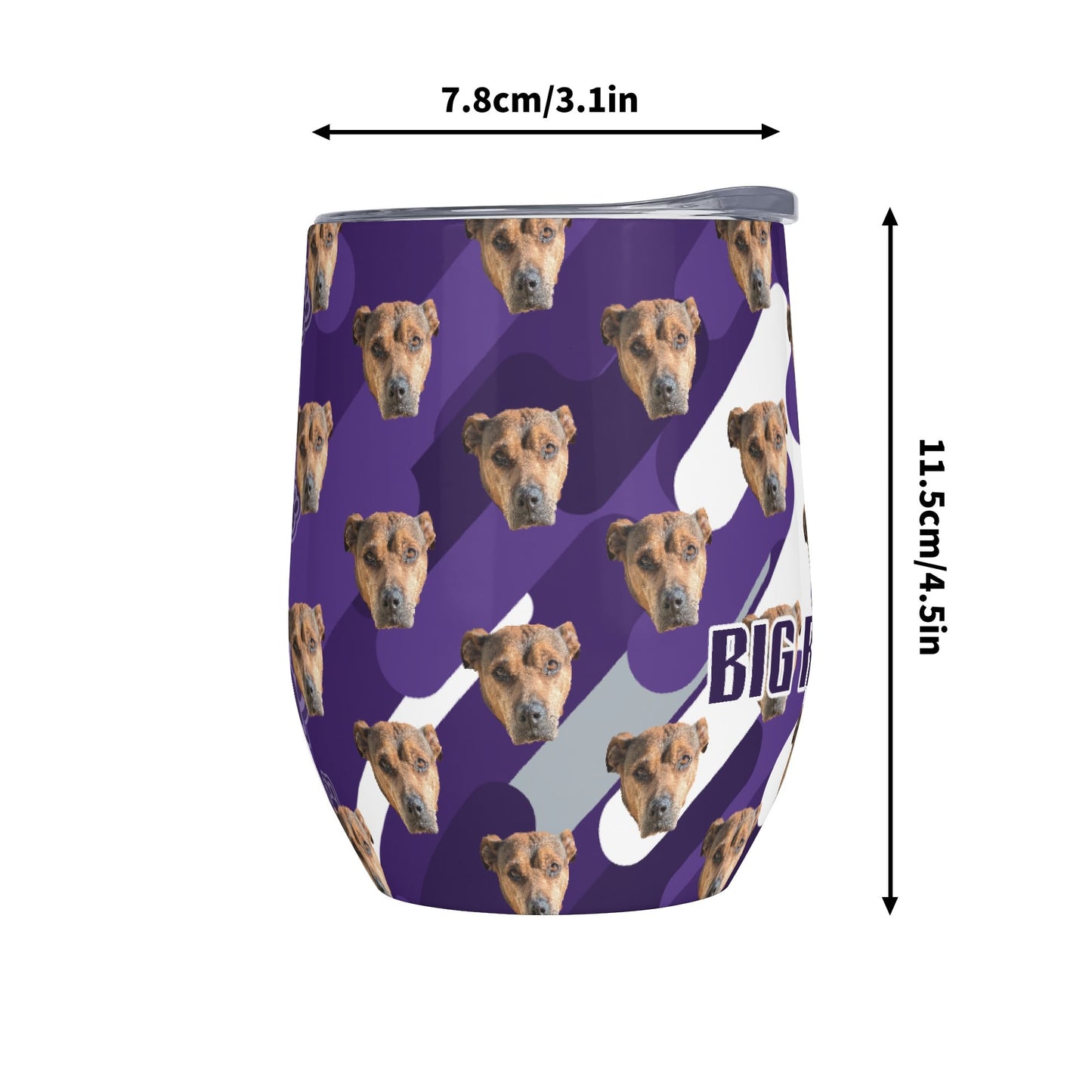 Tumbler with dog pattern and measurements on a white background