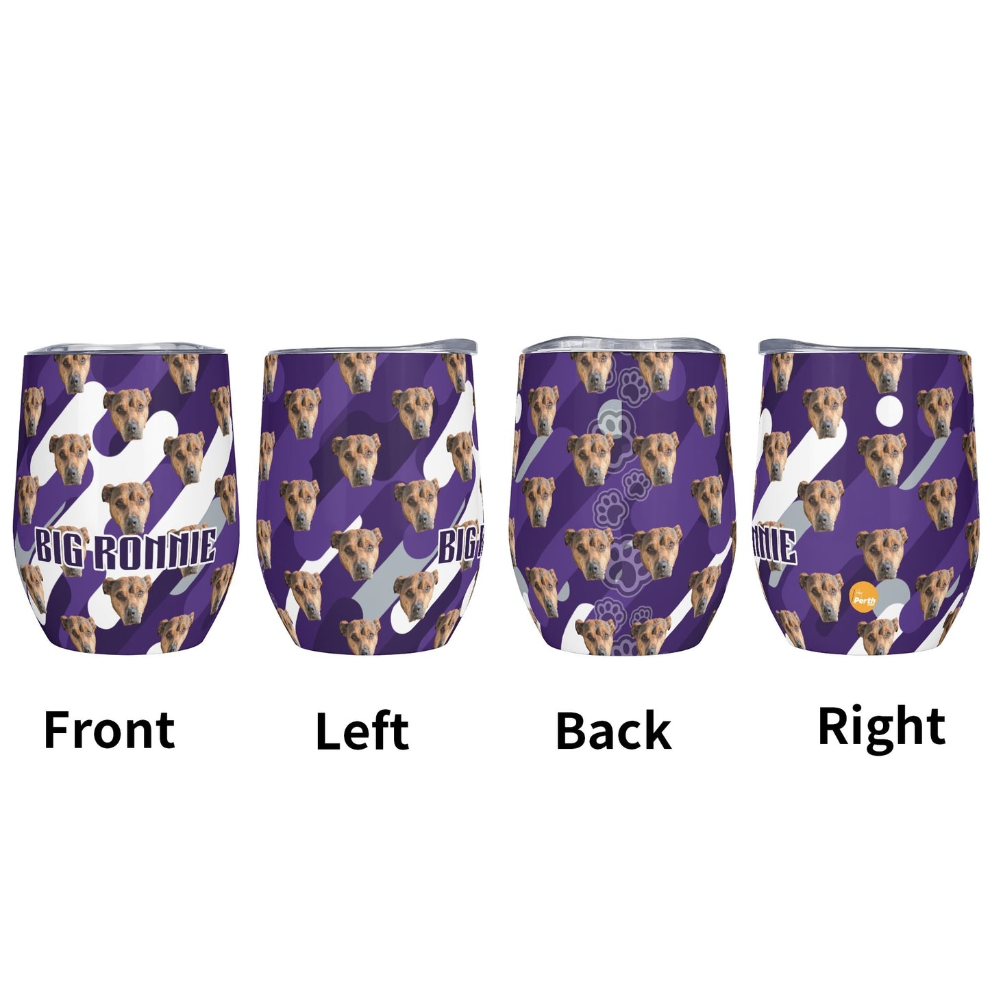 Four views of a purple tumbler with dog pattern and text.