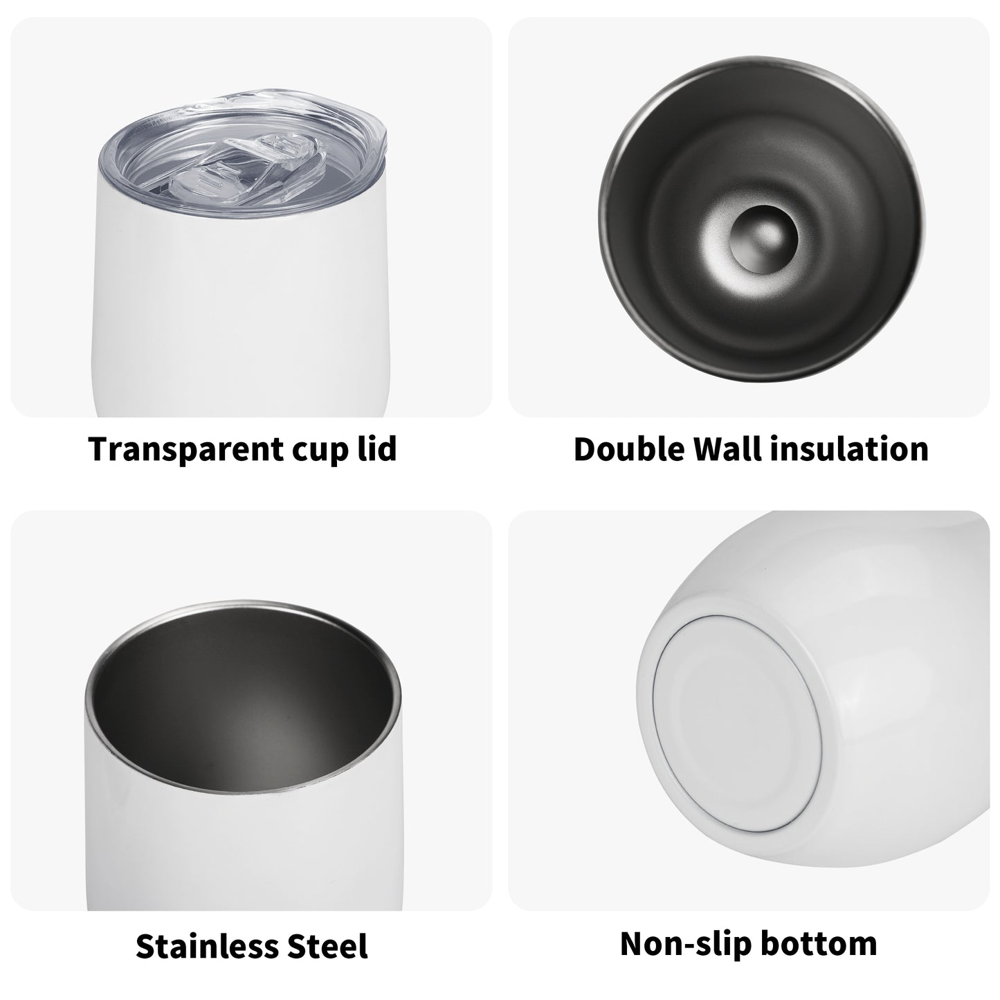 Features of a white insulated tumbler with transparent lid, double wall insulation, stainless steel construction, and non-slip bottom.