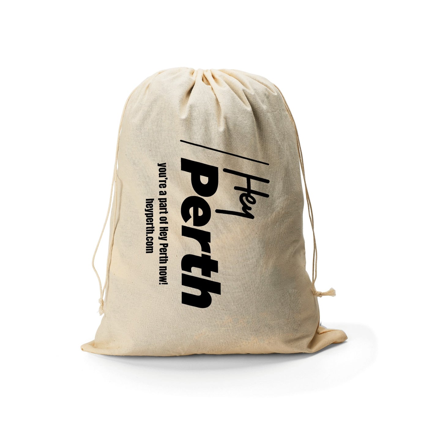 Beige drawstring bag with 'Hey Perth' text on a white background