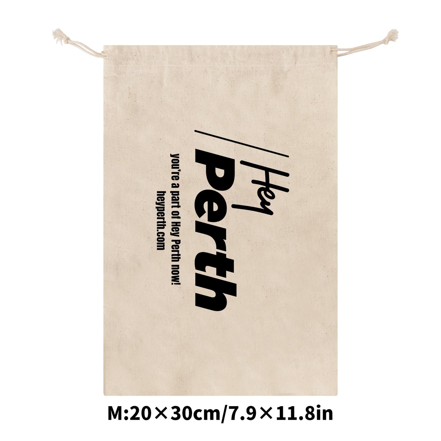 Beige drawstring bag with 'Hey Perth' branding and text on a white background