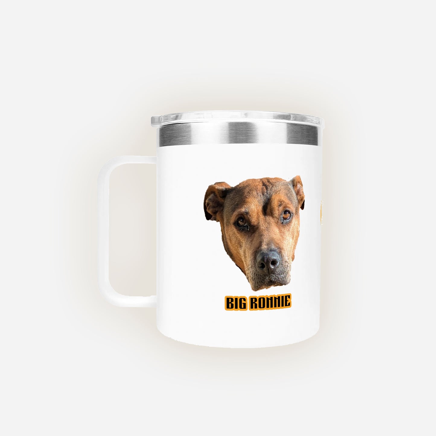 White mug with a dog's face printed on it and 'BIG ROMIE' text, on a white background