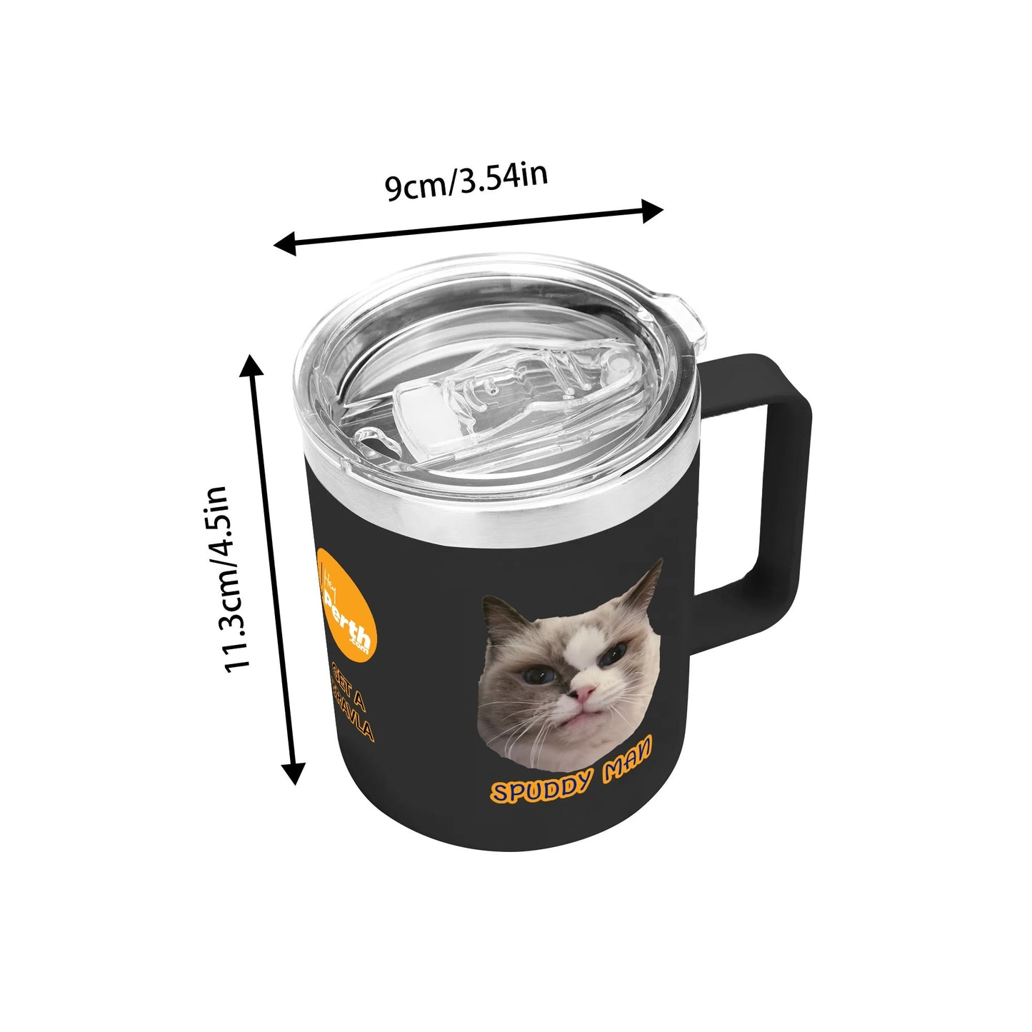 Black tumbler with a cat design and measurements on a white background