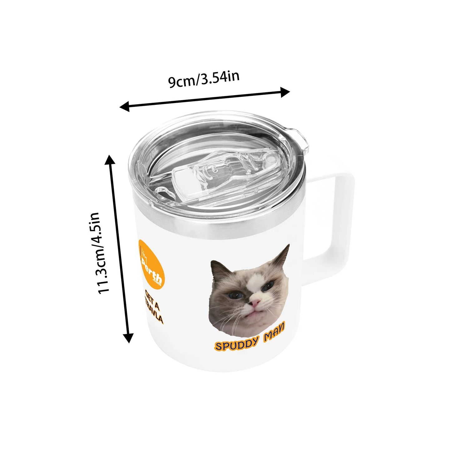 White mug with a cat design and measurements on a white background