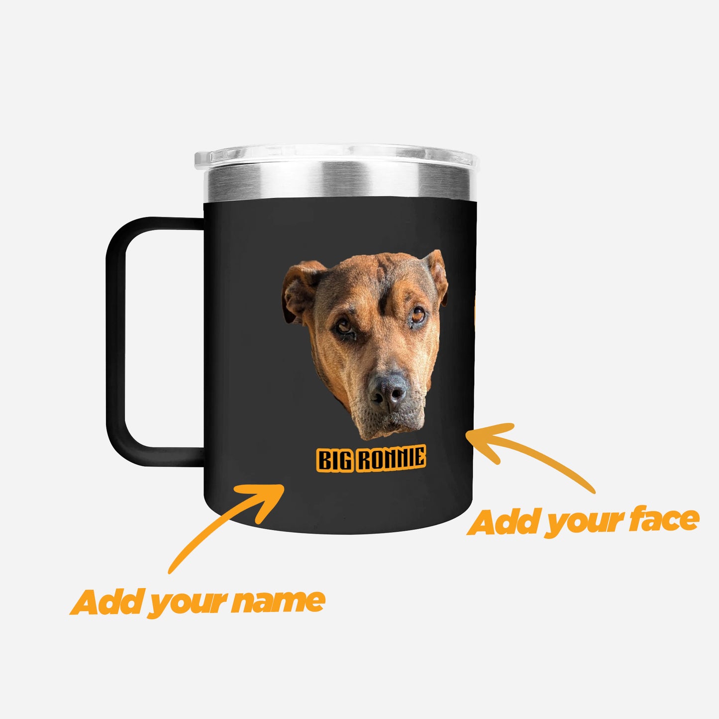 Black mug with a dog's face printed on it, featuring text options to 'Add your name' and 'Add your face'.