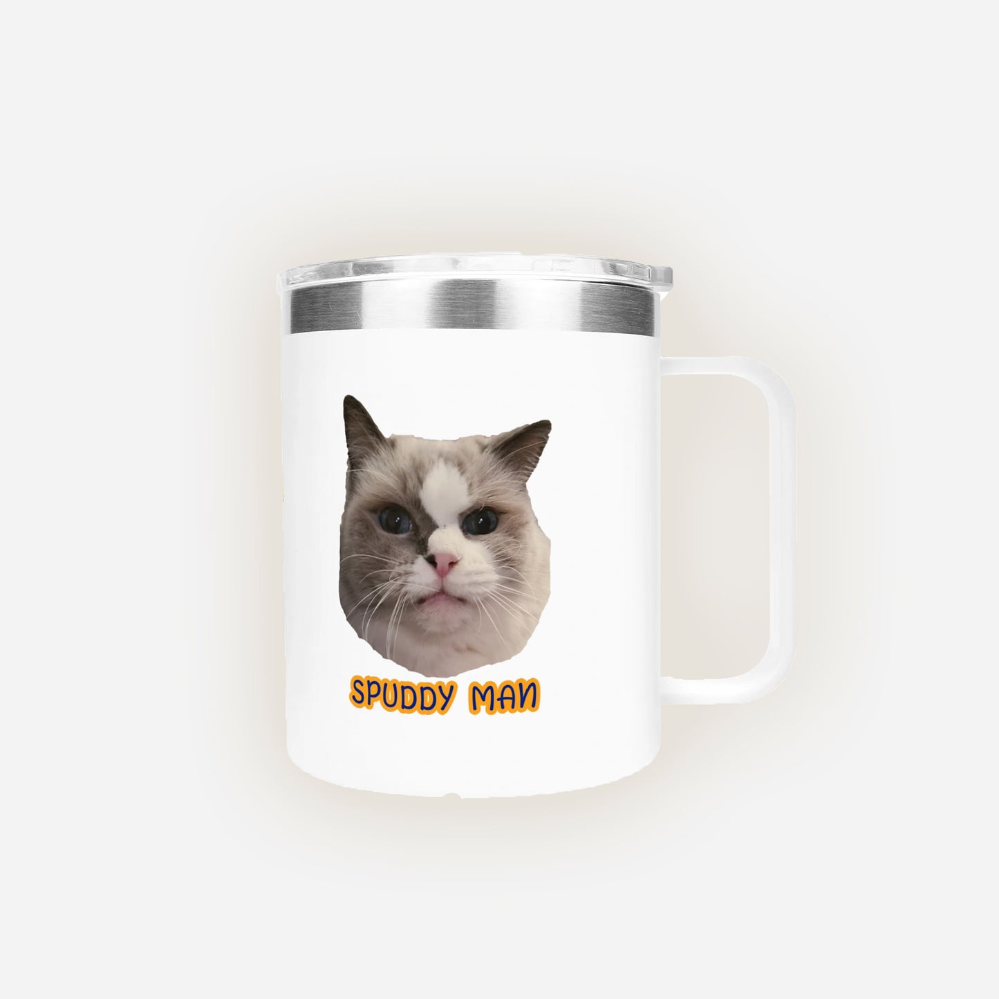 White mug with a cat's face and 'Spuddy Man' text on a white background
