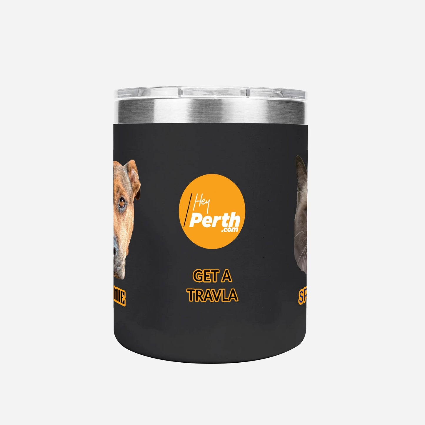 Black tumbler with orange and yellow branding on a white background
