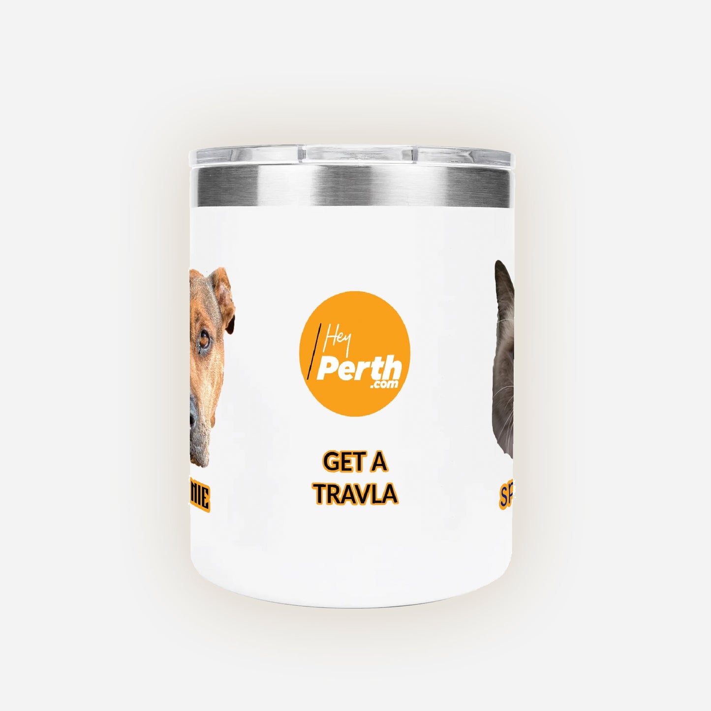 White tumbler with a silver lid featuring a dog photo and 'Hey Perth' branding.