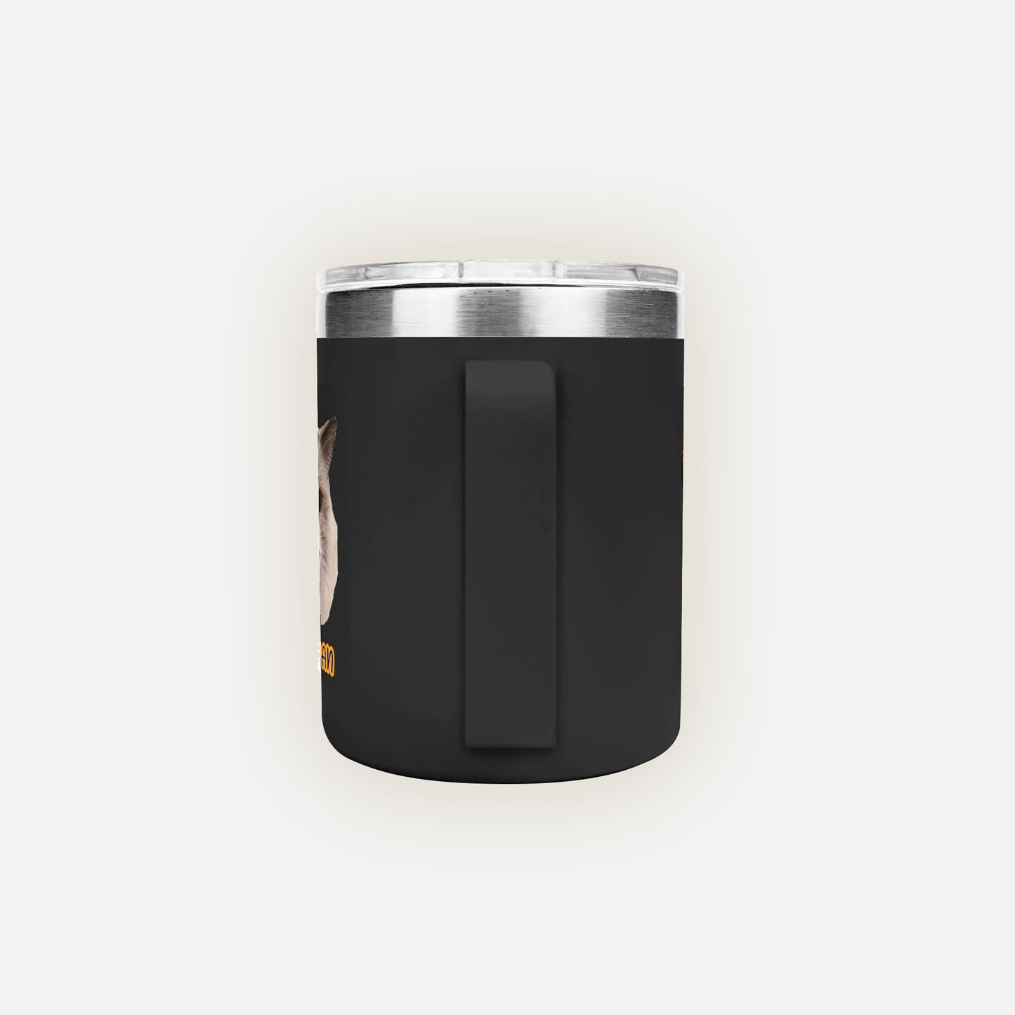 Black tumbler with silver lid on a white background