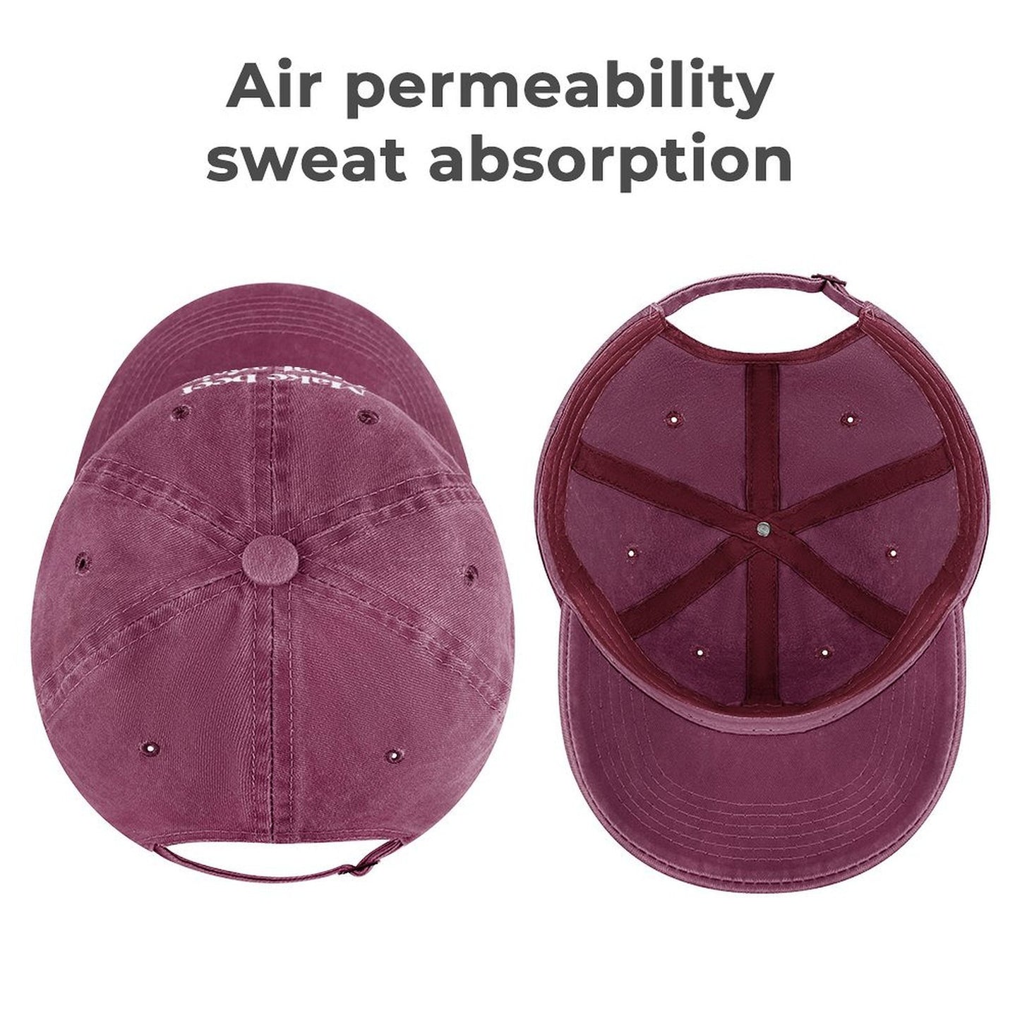 Purple baseball cap showing air permeability and sweat absorption features on a white background.