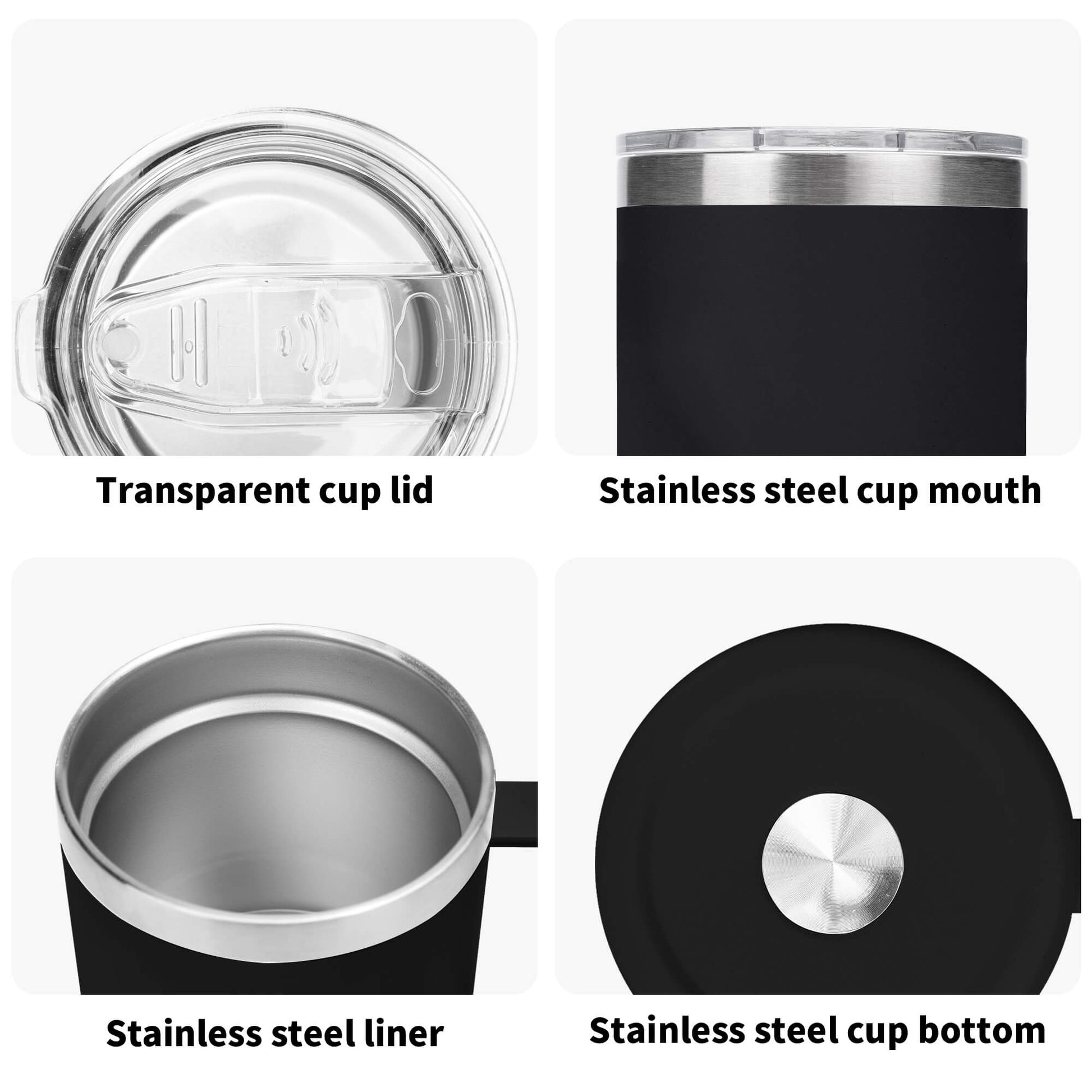 Black insulated cup with transparent lid, stainless steel mouth, liner, and bottom on a white background.