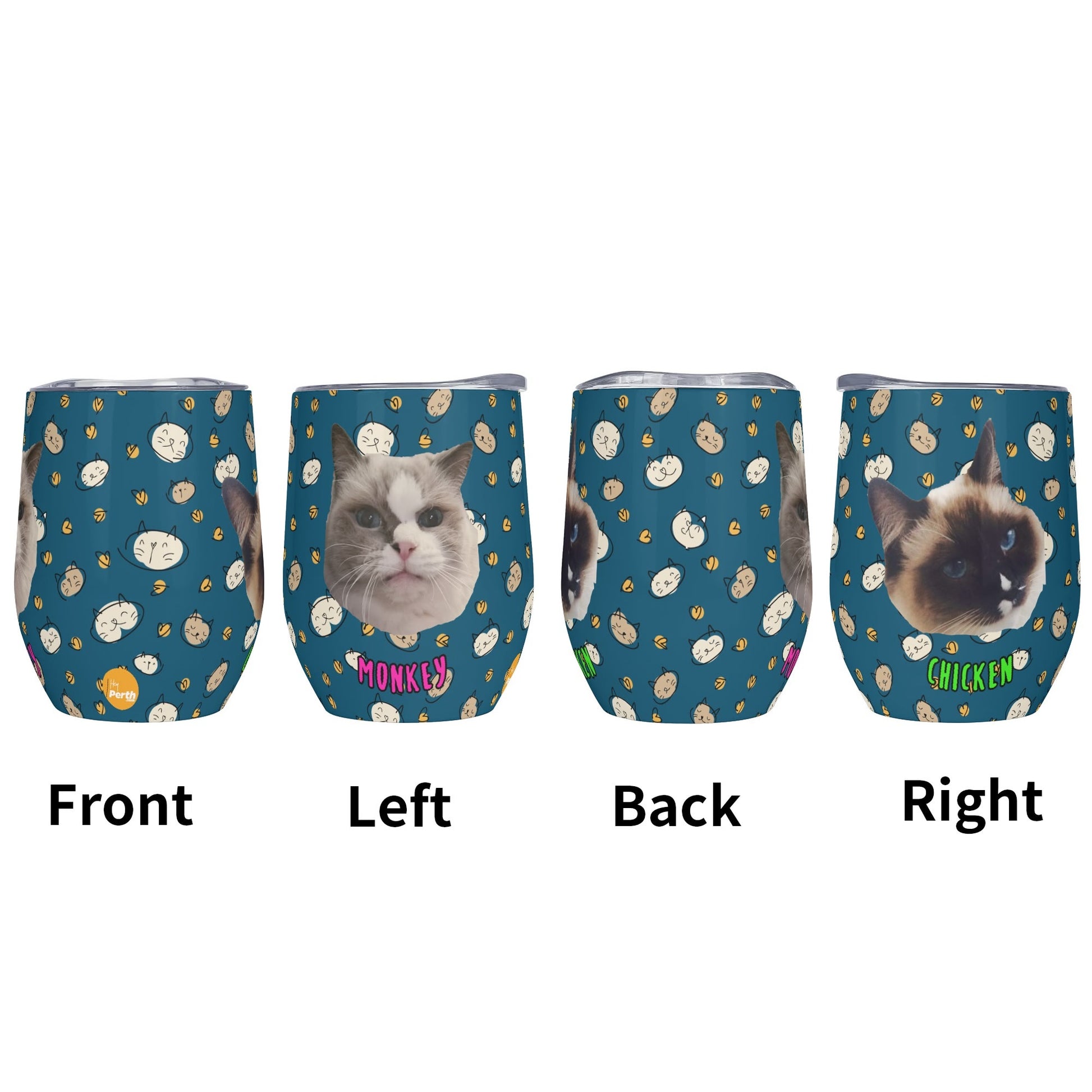 Four views of a tumbler with cat faces and patterns on a blue background.
