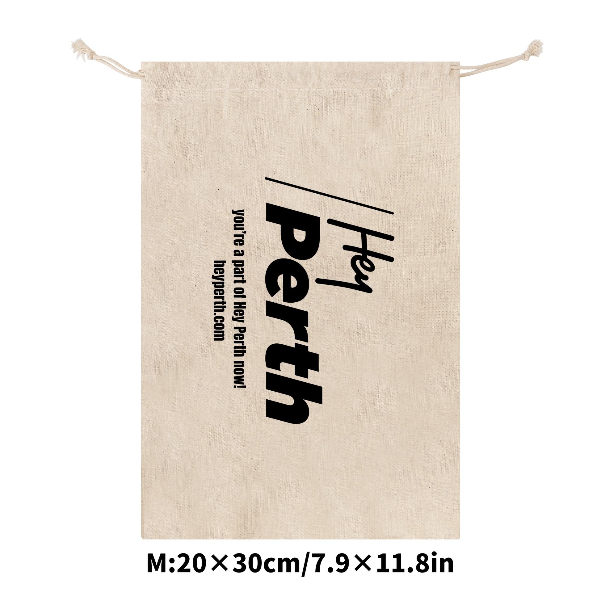 Beige drawstring bag with 'Hey Perth' branding and text on a white background