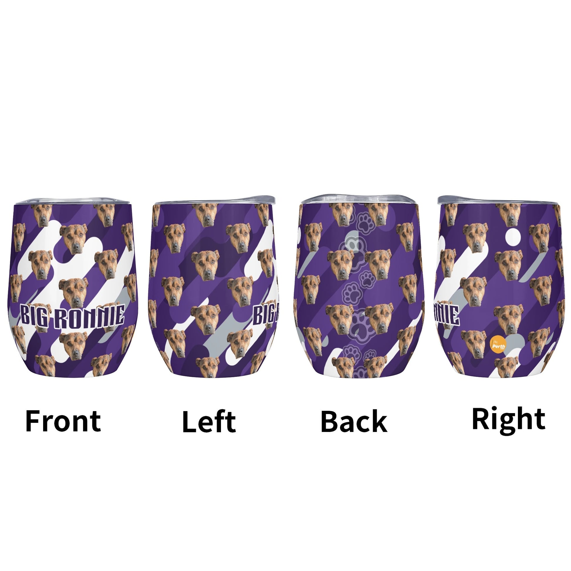 Four views of a purple tumbler with dog pattern and text.