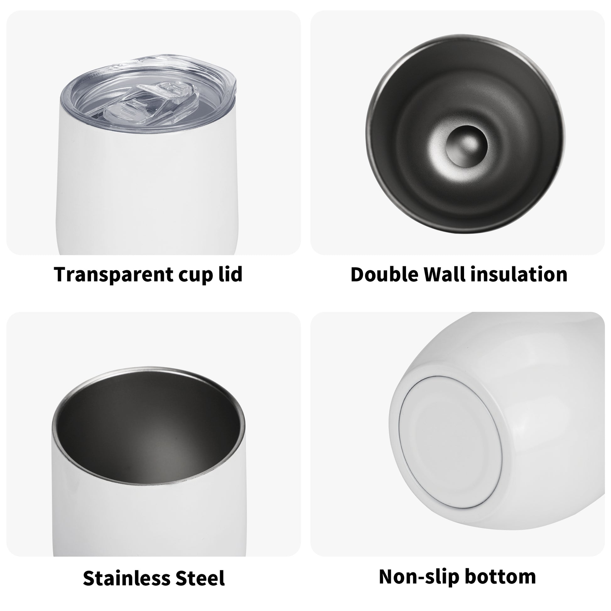Features of a white insulated tumbler with transparent lid, double wall insulation, stainless steel construction, and non-slip bottom.