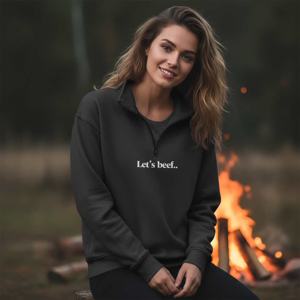 Black sweatshirt with 'Let's beef..' text on a white background