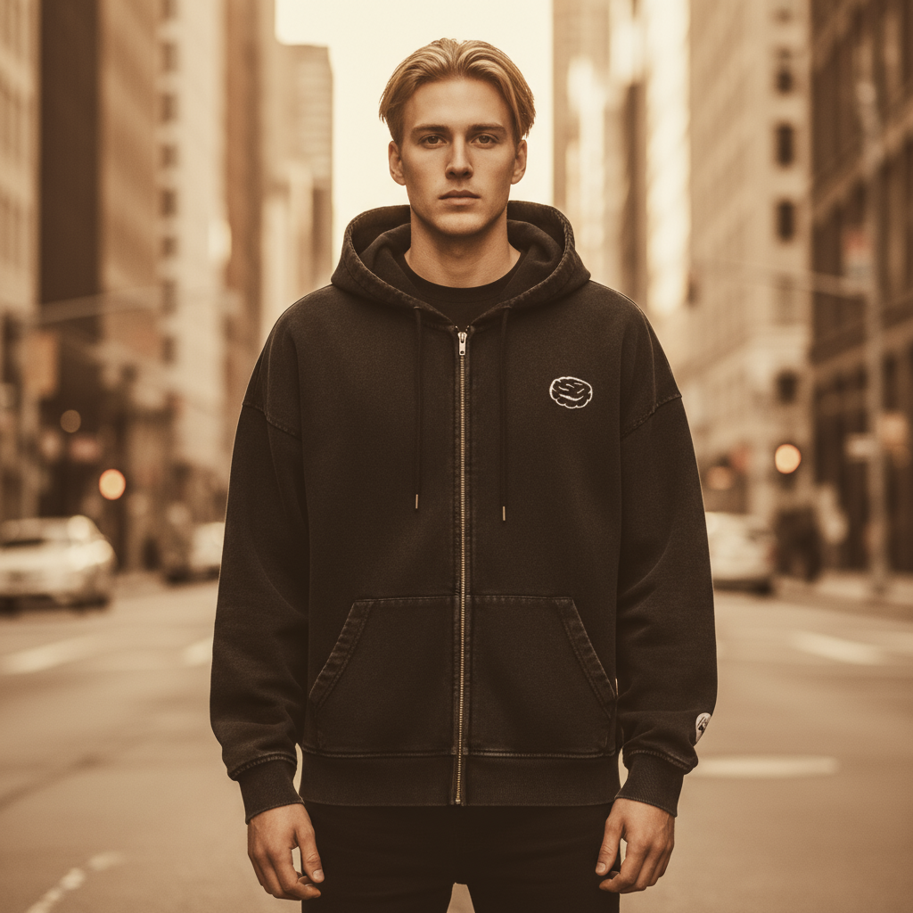 Black hoodie with a logo on a light gray background