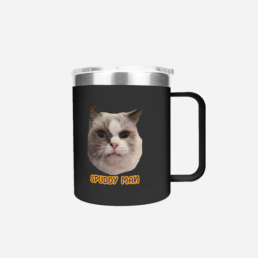 Black mug with a cat's face and 'Spuddy Man' text on a white background