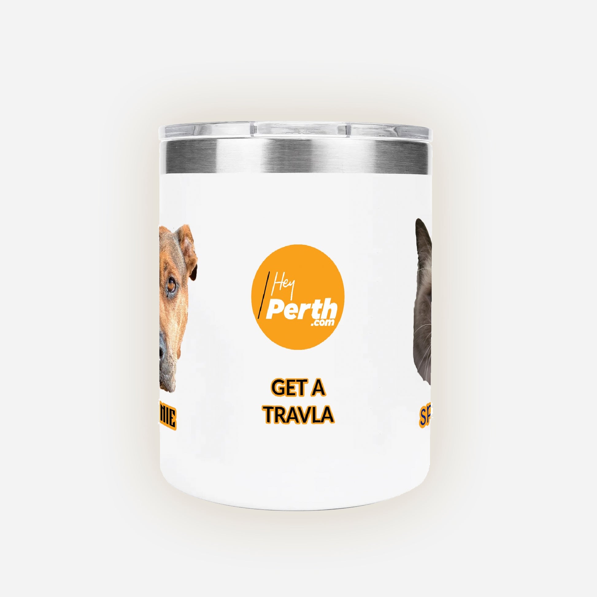White tumbler with a silver lid featuring a dog photo and 'Hey Perth' branding.
