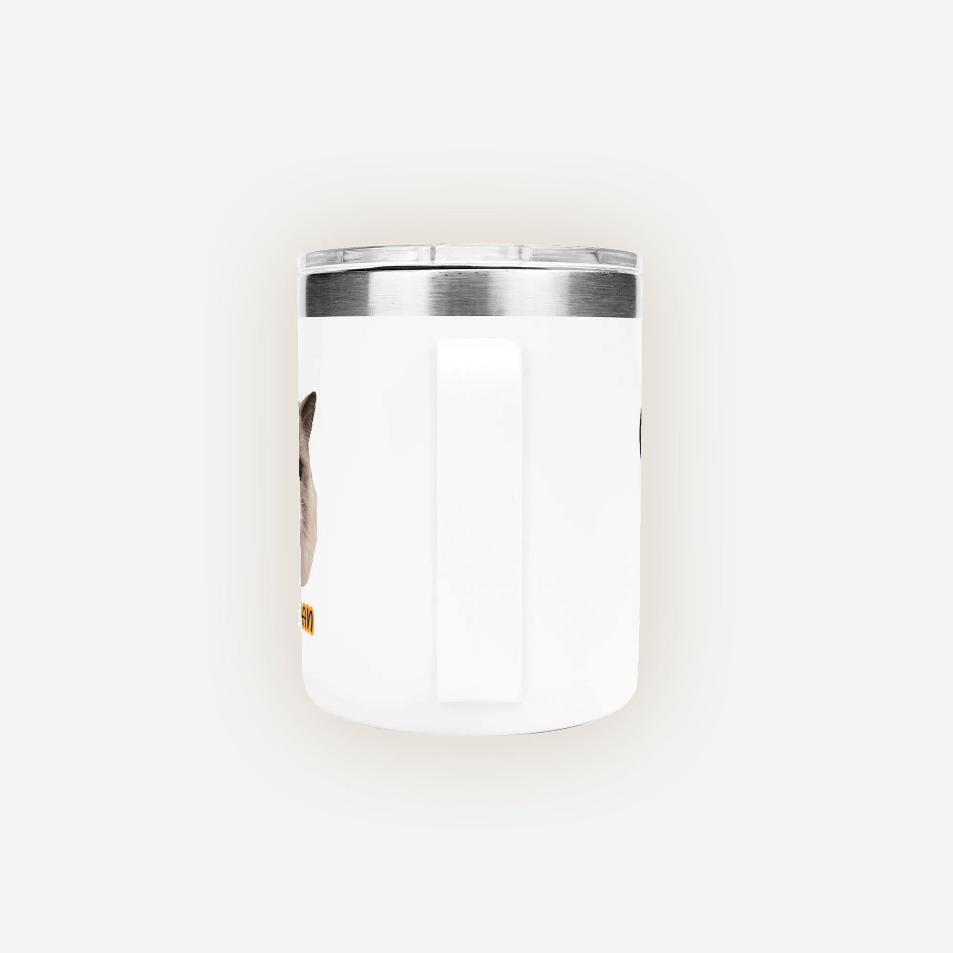 White candle in a glass container with a silver lid on a white background