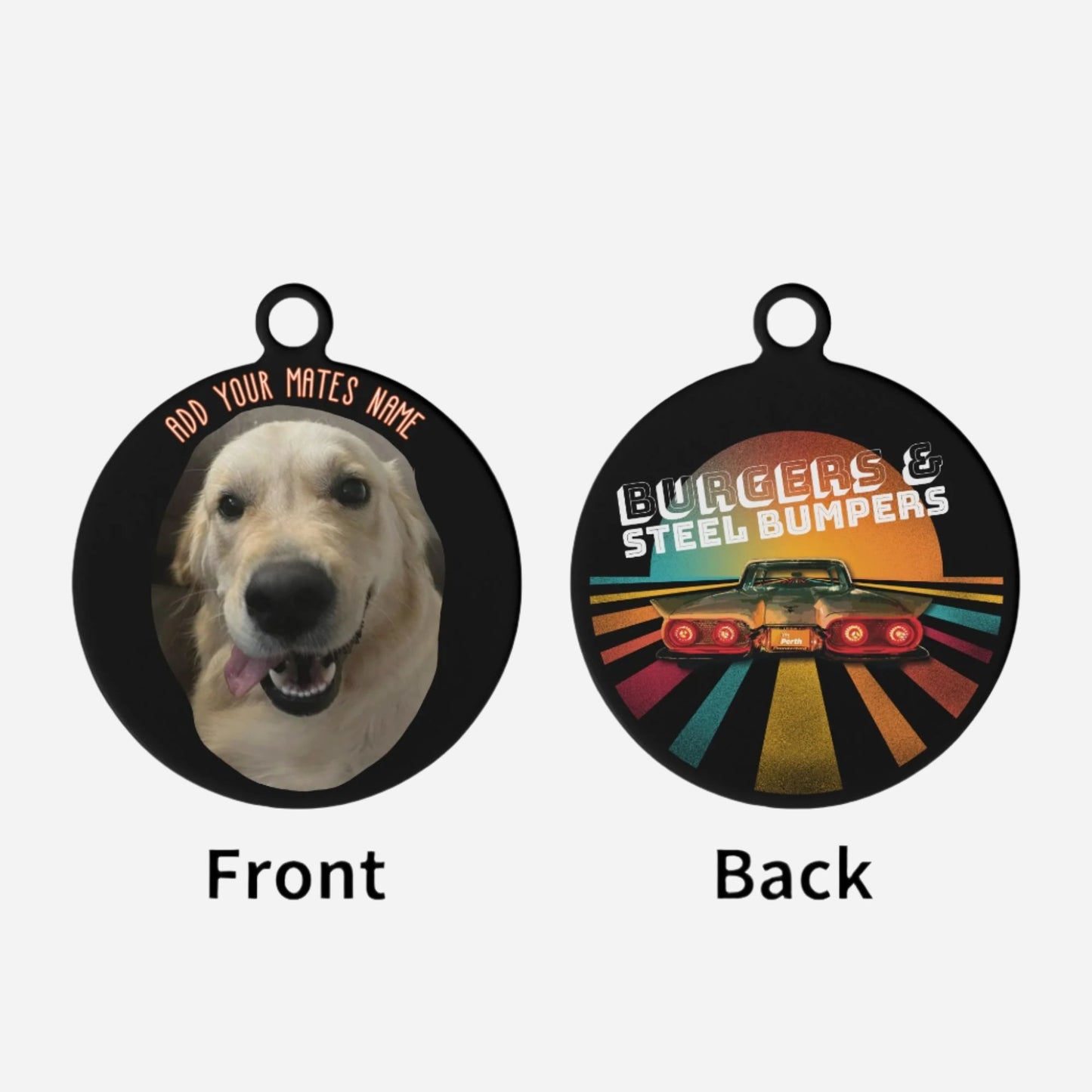 BURGERS & STEEL BUMPERS PET TAGS