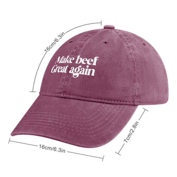 Maroon cap with 'Make beef Great again' text and measurements on a white background